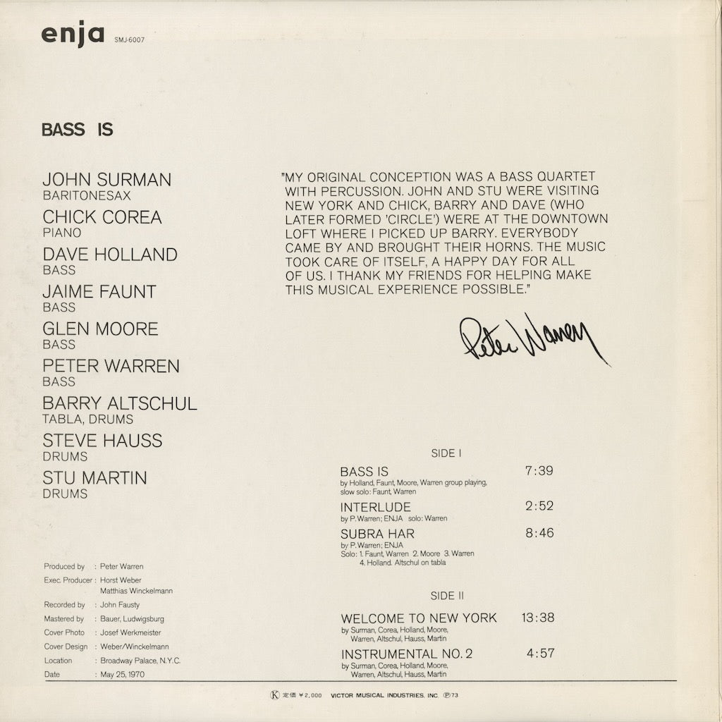 Peter Warren - Bass Is (SMJ-6007) 1973 JPN Enja｜中古LP