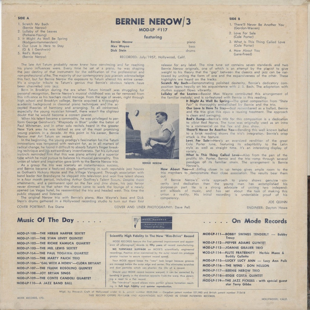 Bernie Nerow Trio - Bernie Nerow Trio (MOD LP #117) LP 1957 US MODE｜中古LP