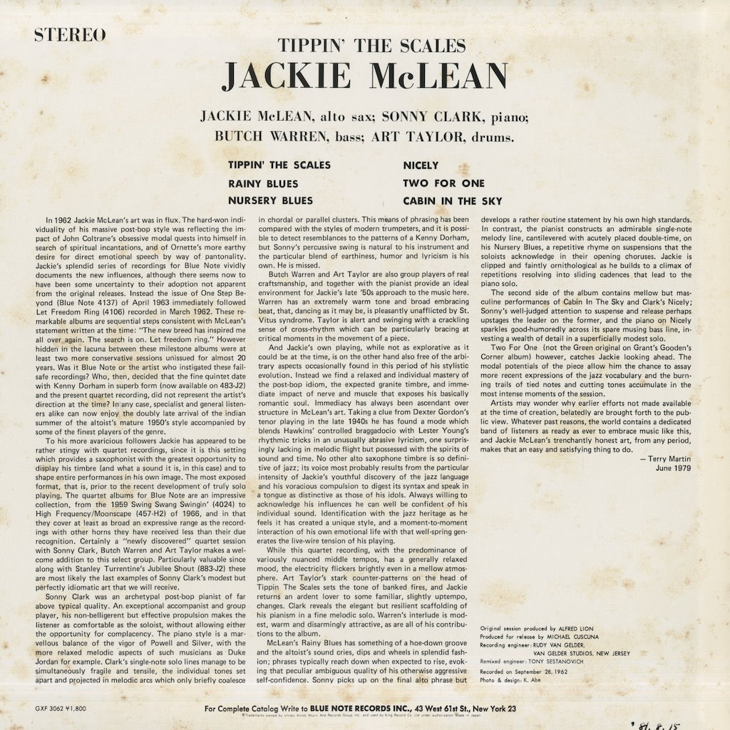 Jackie McLean / ジャッキー・マクリーン / Tippin' The Scales (GXF 3062)
