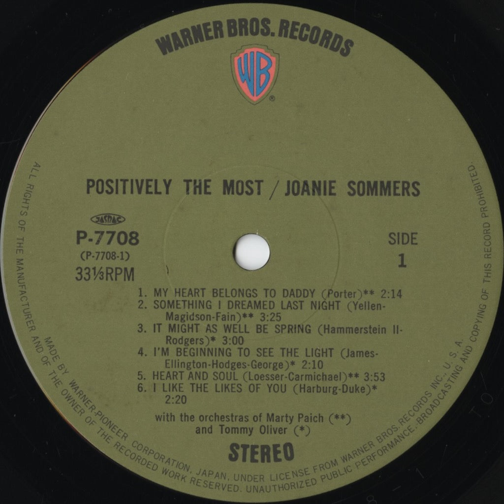 Joanie Sommers – Positively The Most (P-7708) LP 1984 JPN Warner Bros.｜中古LP