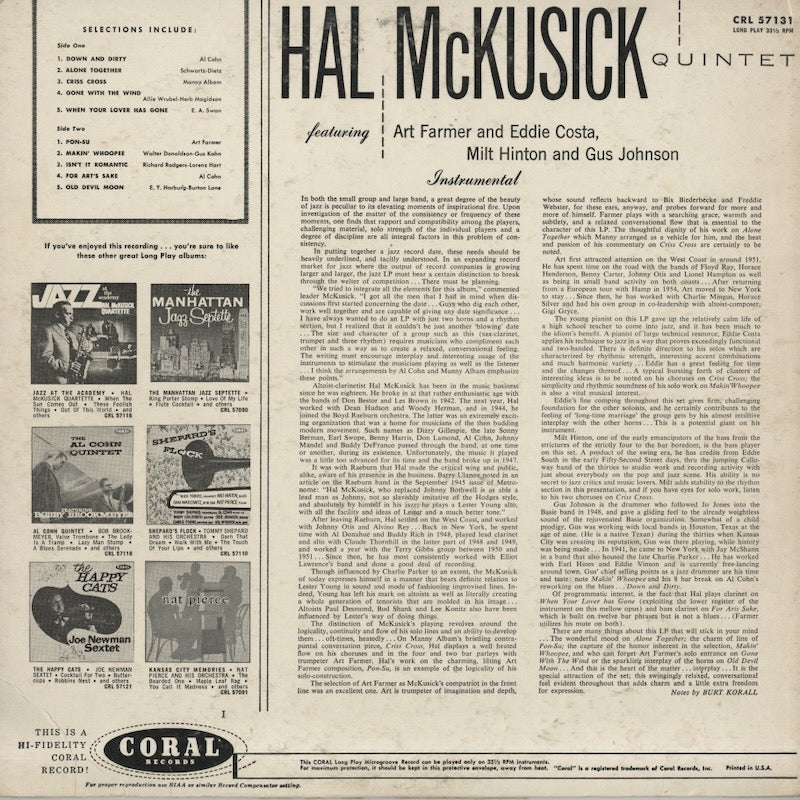 Hal McKusick / ハル・マクシック / Hal McKusick Quintet Featuring Art Farmer (CRL 57131)