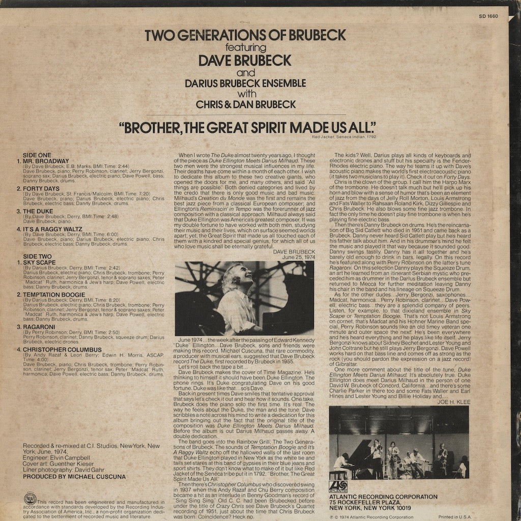 Dave Brubeck - Two Generations Of Brubeck "Brother, The Great Spirit Made Us All" (SD 1660) LP 1974 US Atlantic｜中古LP