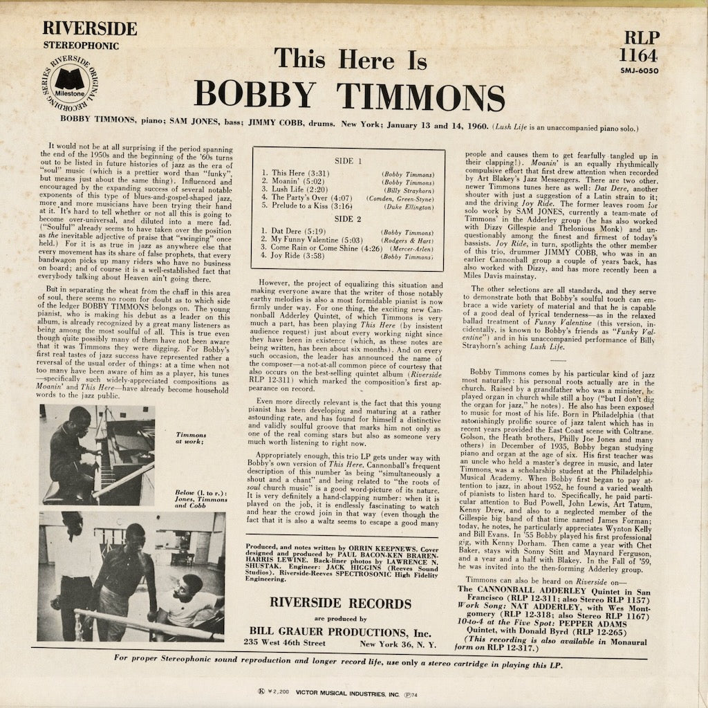 Bobby Timmons - This Here Is Bobby Timmons (SMJ-6050) 1974 JPN Milestone｜中古LP