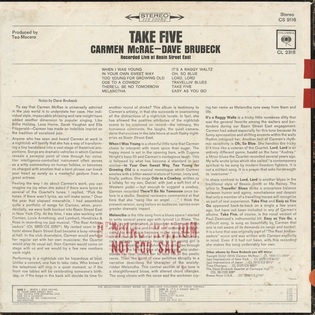 Carmen McRae - Take Five (CS 9116) LP 1965 US Columbia｜中古LP