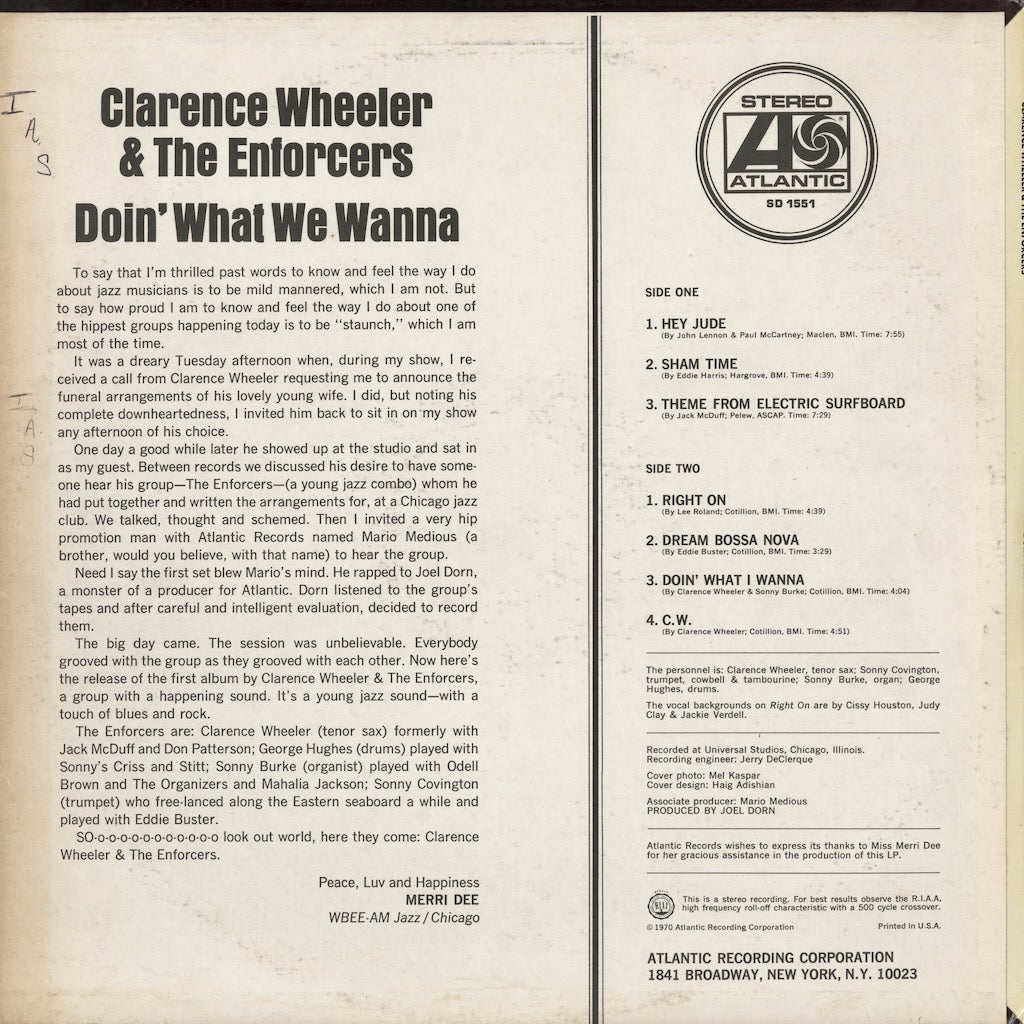 Clarence Wheeler & The Enforcers - Doin' What We Wanna (SD 1551) LP 1970 US Atlantic｜中古LP