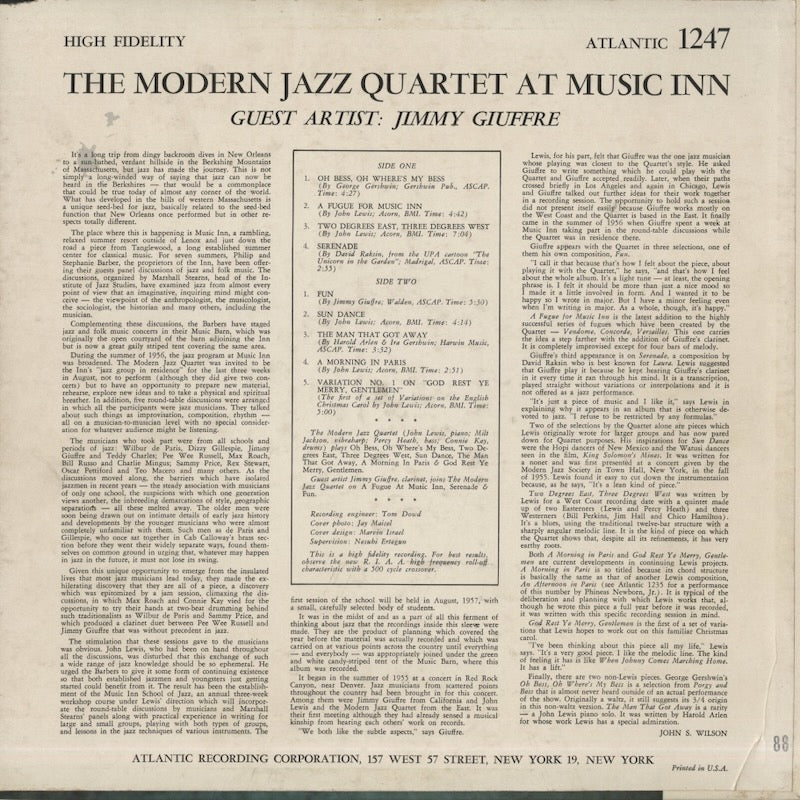 The Modern Jazz Quartet - Jimmy Giuffre / モダン・ジャズ・カルテット / Modern Jazz Quartet At Music Inn (1247)