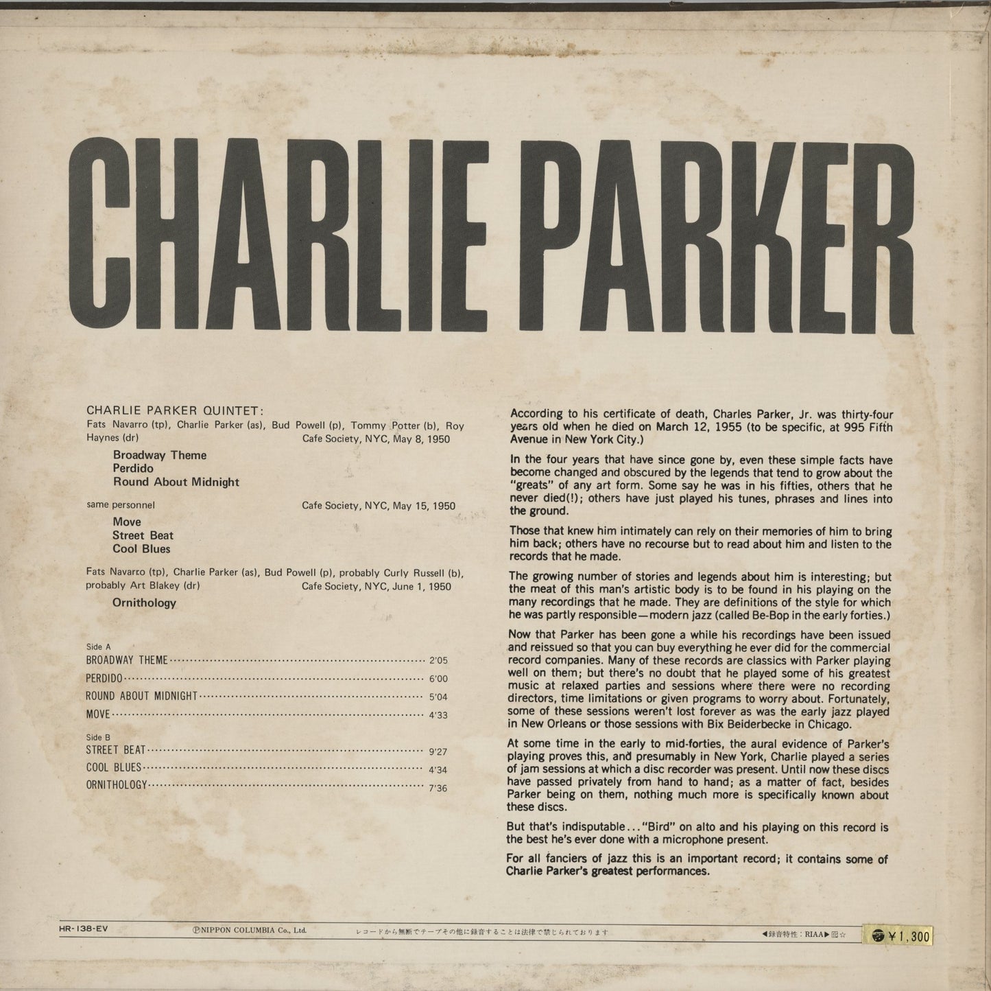 Charlie Parker / チャーリー・パーカー / At The Cafe Society 1950 (HR-138-EV)