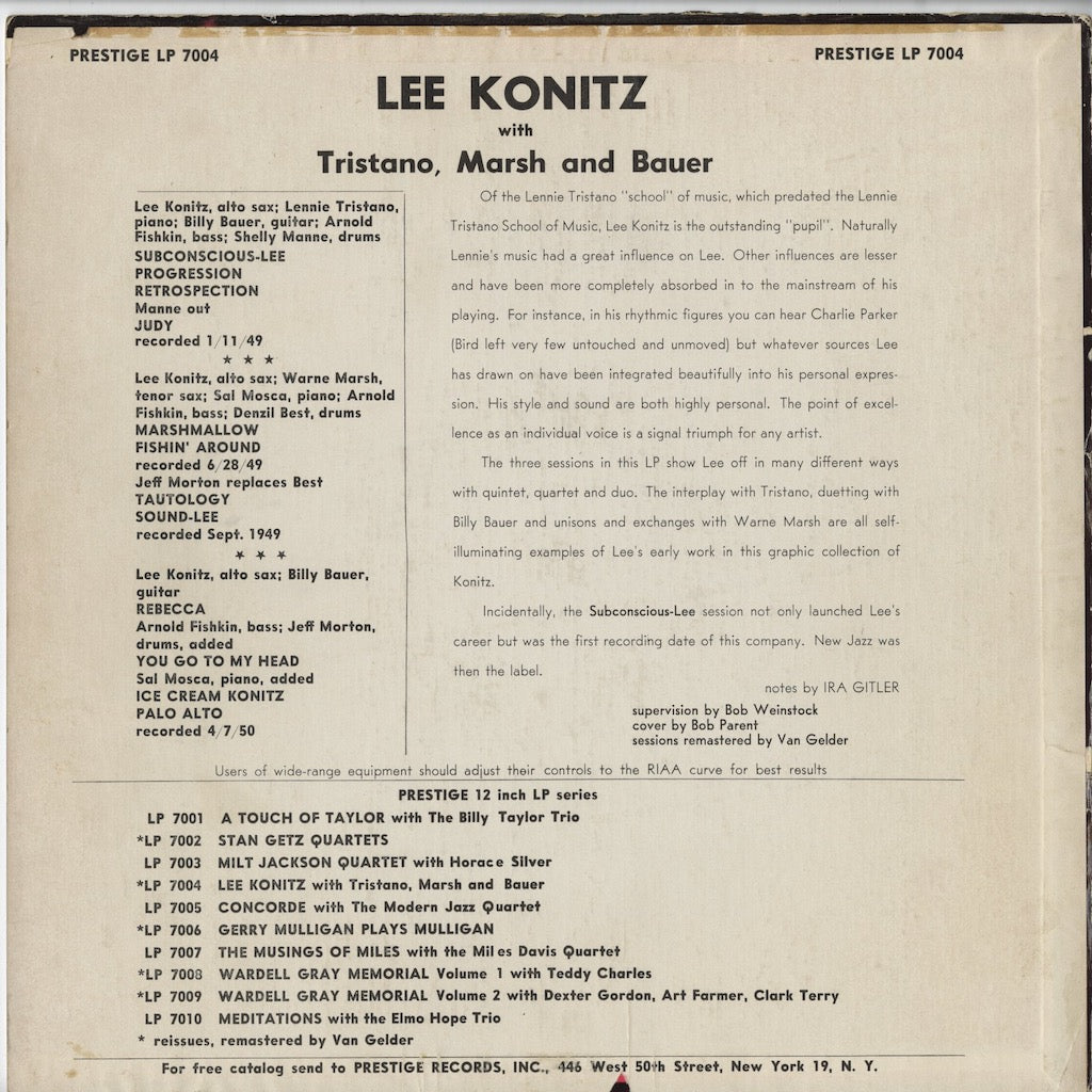 Lee Konitz With Tristano, Marsh and Bauer / Subconscious-Lee (LP 7004) LP US Prestige｜中古LP