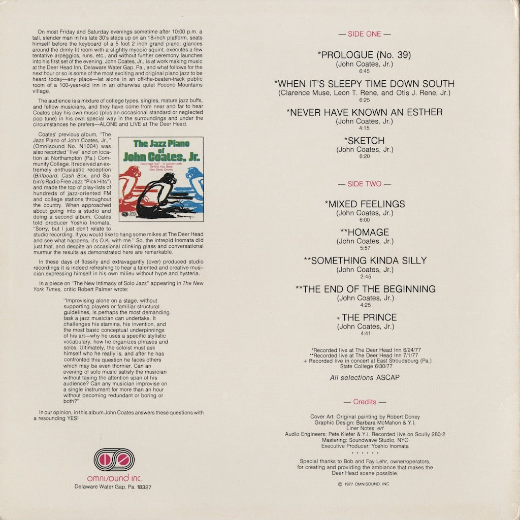 John Coates, Jr. - Alone And Live At the Deer Head (N 1015) LP 1977 US Omnisound｜中古LP