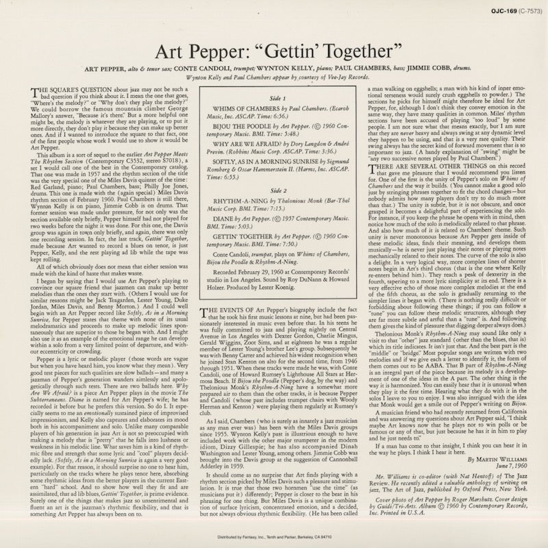 Art Pepper / アート・ペッパー / Gettin' Together (OJC-169)