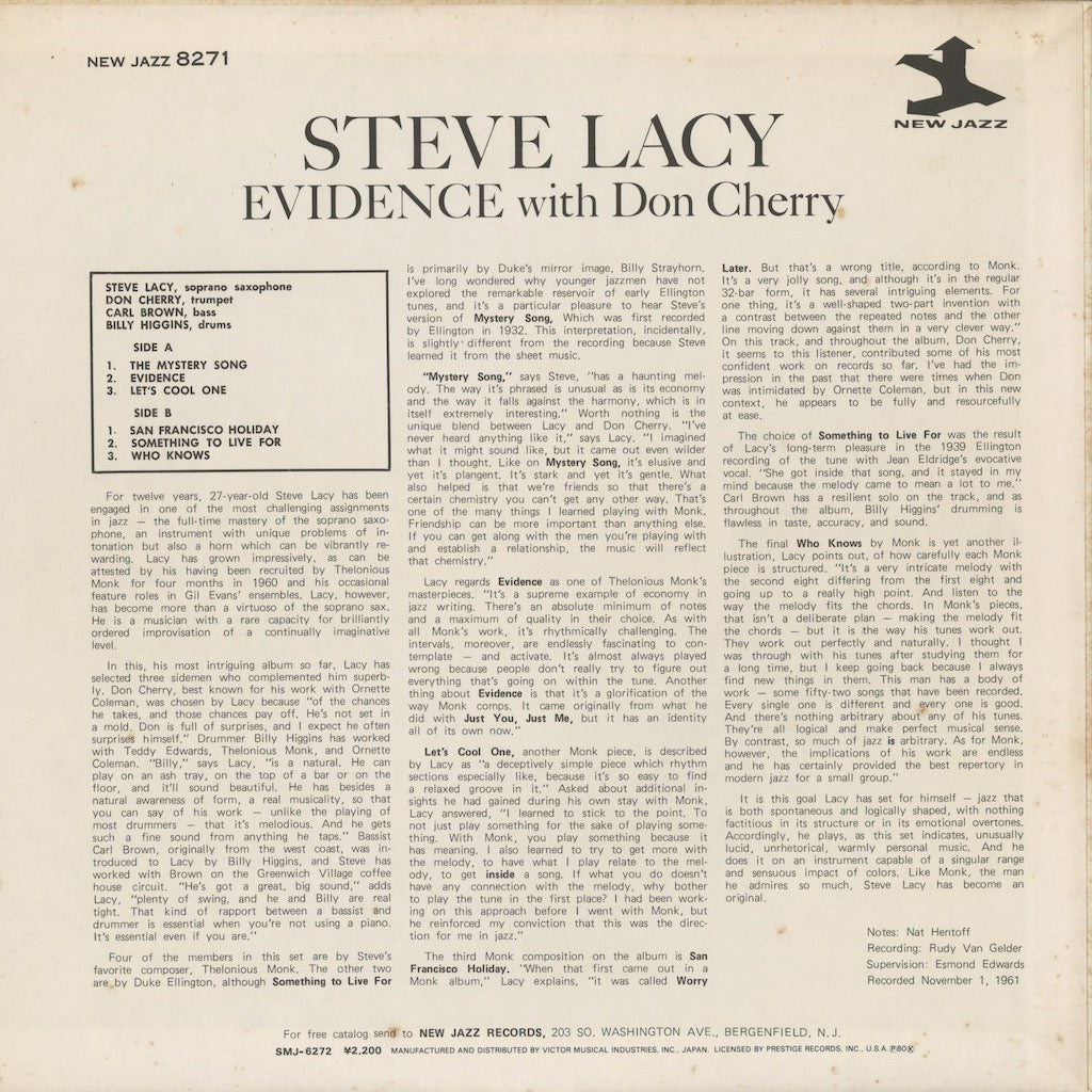 Steve Lacy with Don Cherry / Evidence (SMJ-6272) LP JPN New Jazz｜中古LP