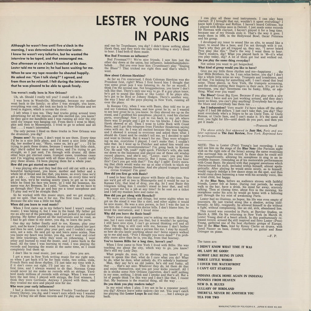 Lester Young – Lester Young In Paris (MV 2698) LP 1959/1980 JPN Verve｜中古LP