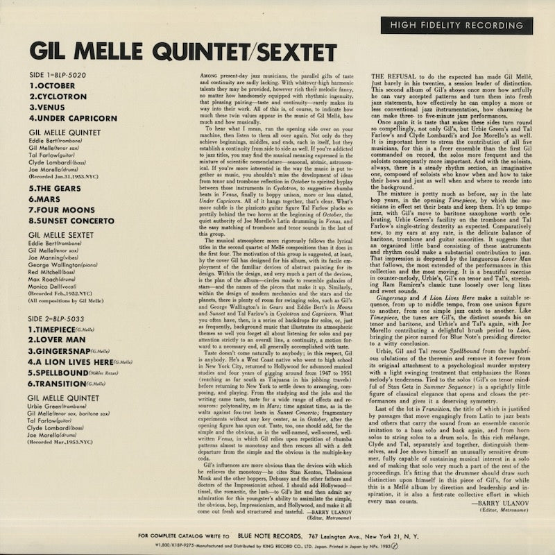 Gil Mellé - Quintet & Sextet (K18P-9275) LP 1983 JPN Blue Note｜中古LP