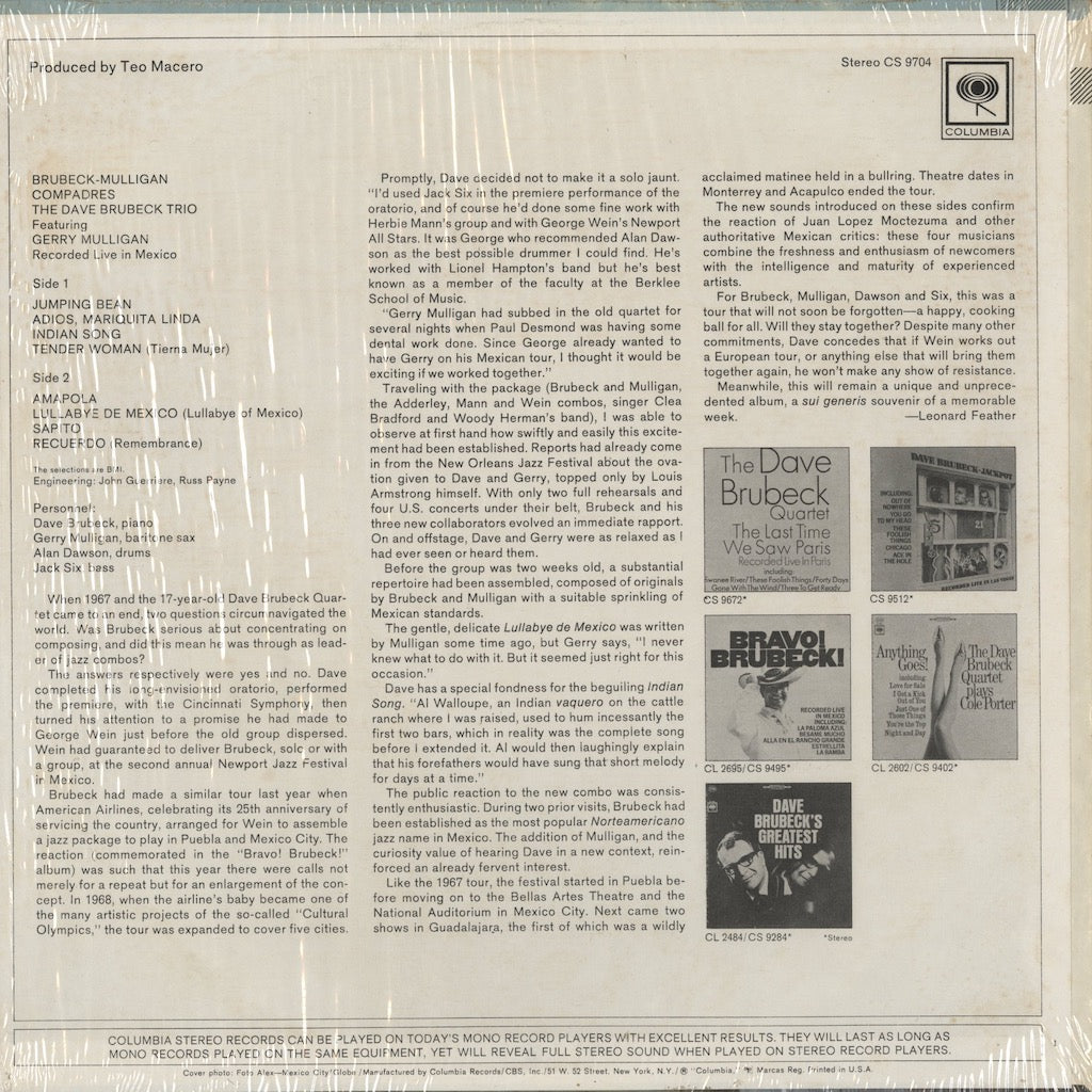 Dave Brubeck, Gerry Mulligan - Compadres (CS 9704) LP 1968 US Columbia｜中古LP
