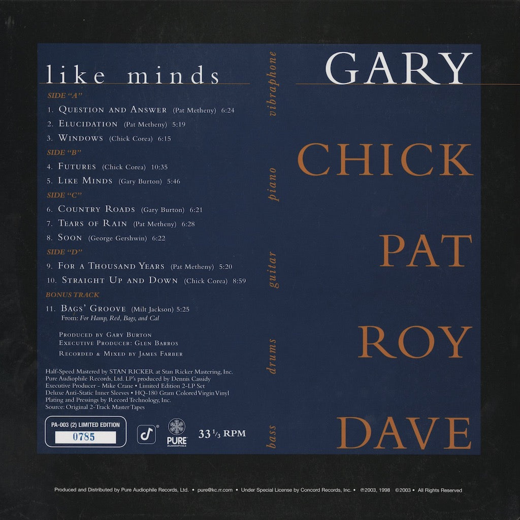 Burton / Corea / Metheny / Haynes / Holland - Like Minds (PA-003) 2LP 180g Blue Vinyl｜中古LP