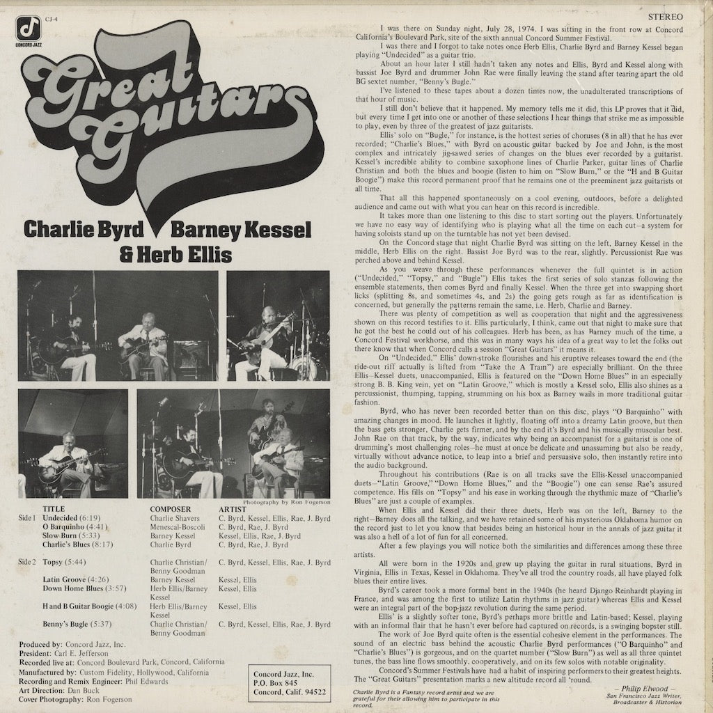 Charlie Byrd, Barney Kessel, Herb Ellis - Great Guitars (CJ-4) LP 1975 US Concord Jazz｜中古LP