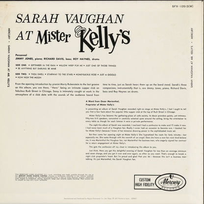 Sarah Vaughan - Sarah Vaughan At Mister Kelly's (SFX-10513) 1977 JPN Mercury｜中古LP