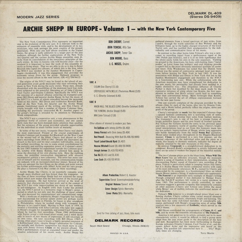 Archie Shepp With The New York Contemporary 5 - In Europe (DS 9409) LP 1967 US Delmark｜中古LP