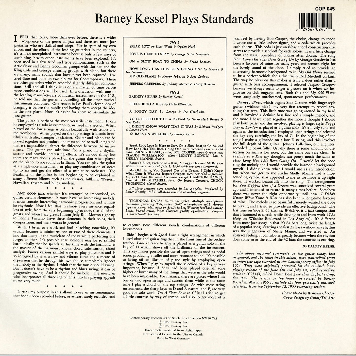 Barney Kessel - Kessel Plays Standards (Barney Kessel, Vol. 2) (COP 045) LP early1980s Germany Contemporary - Fantasy｜中古LP