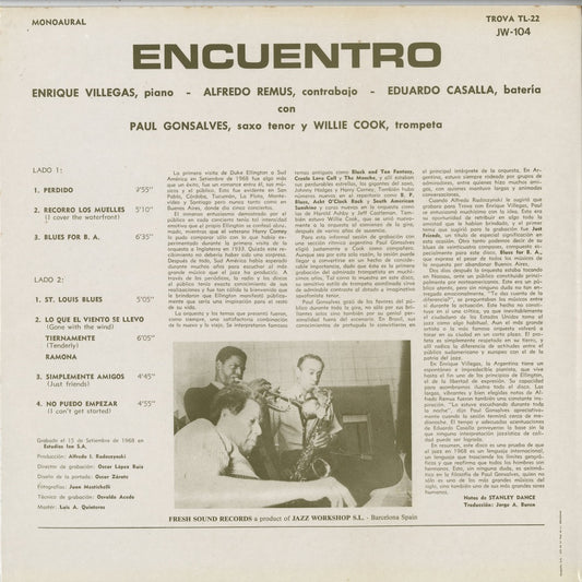 Enrique Villegas / Paul Gonsalves / Willie Cook – Encuentro (TL-22) LP 1969/1989 SPA Fresh Sound｜中古LP