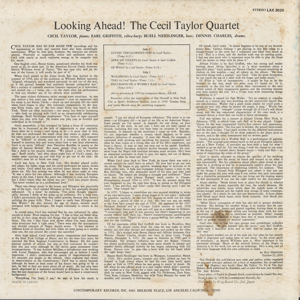 Cecil Taylor / セシル・テイラー / Looking Ahead！ (LAX-3026)