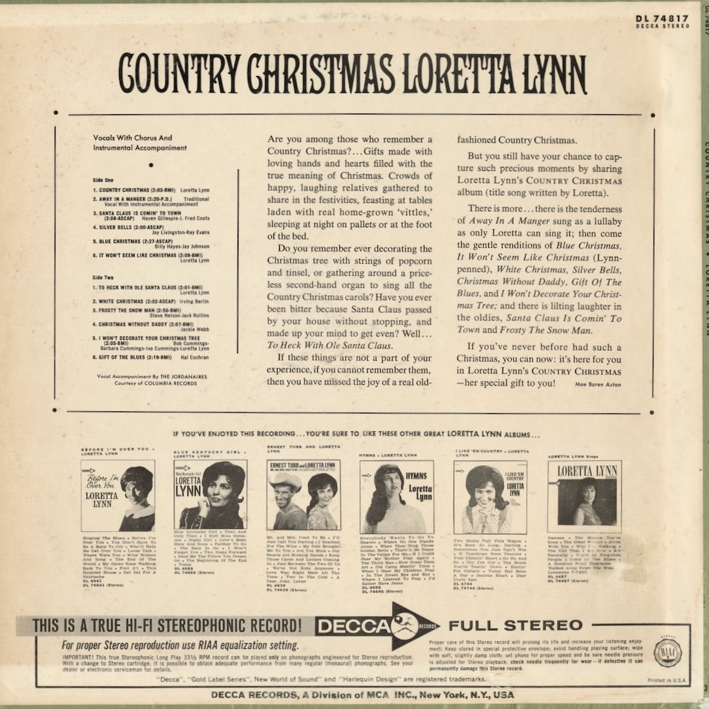 Loretta Lynn - Country Christmas (DL 74817) LP 1966 US Decca｜中古LP