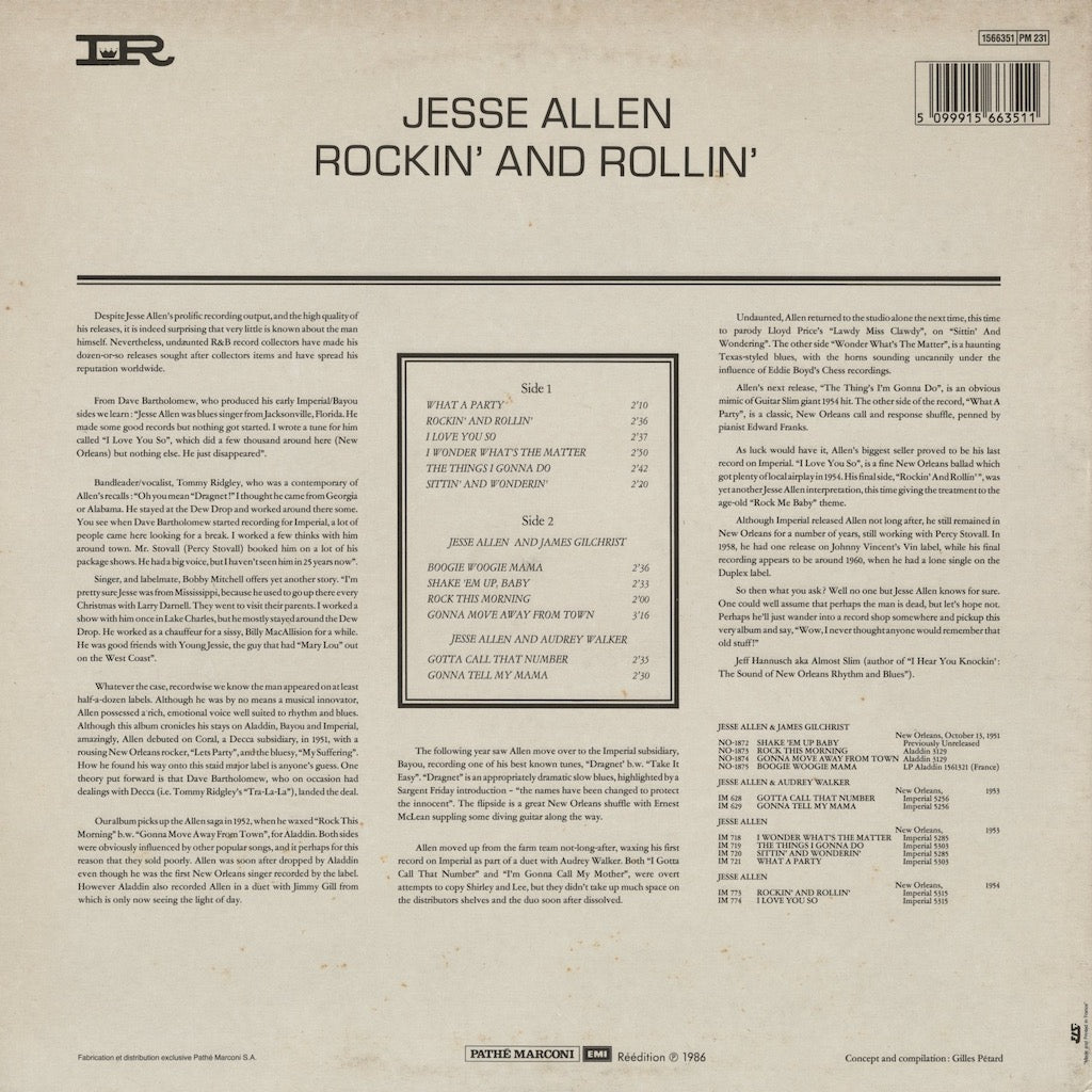 Jesse Allen - Rockin' And Rollin' (1566351) LP 1986 FRA Imperial｜中古LP