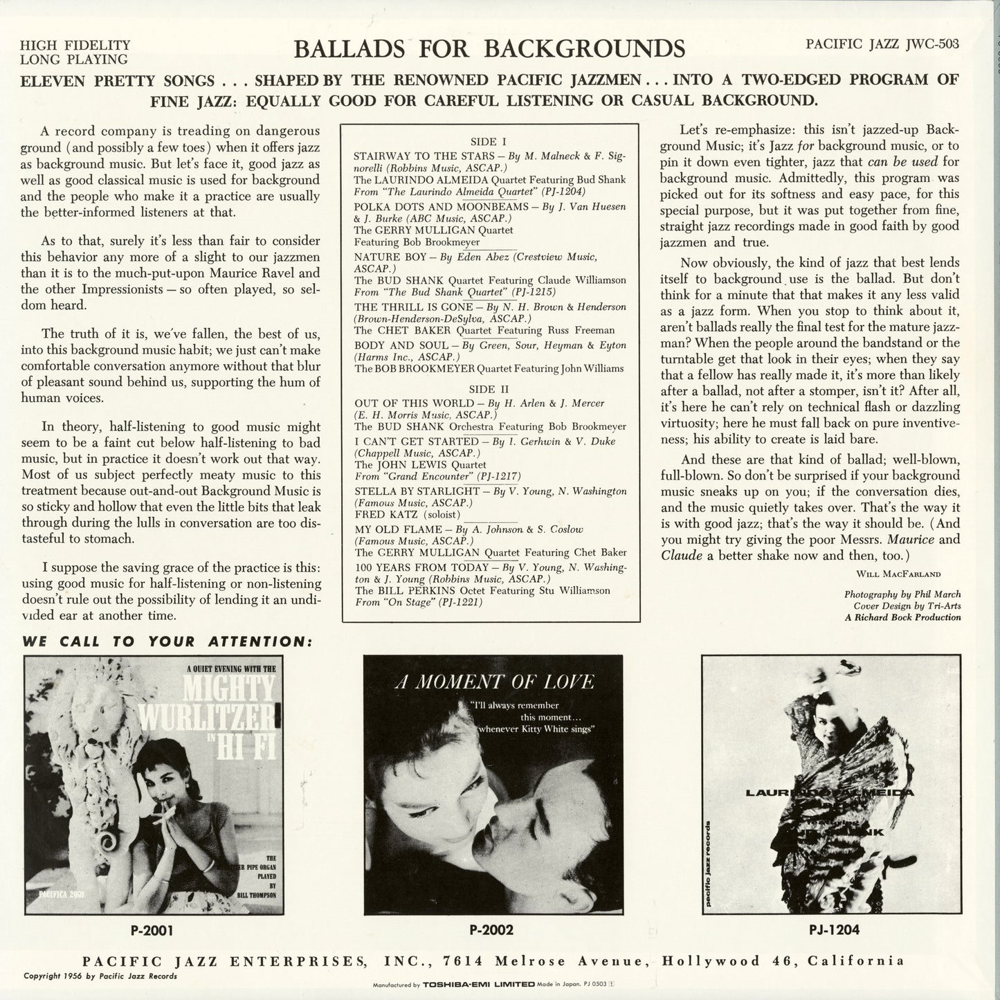 V.A./ Ballads For Backgrounds  / Gerry Mulligan Quintet, Chet Baker Quartet etc (PJ-0503)