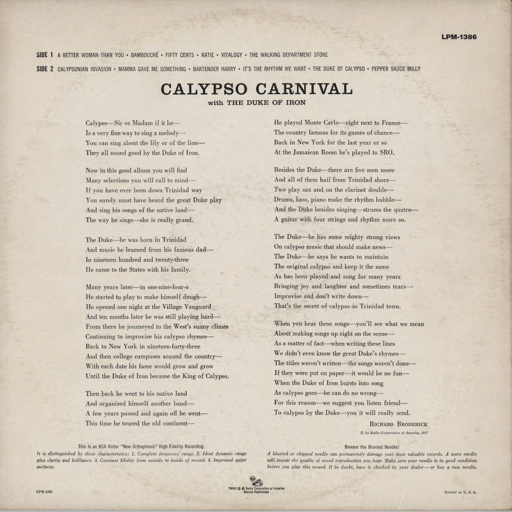 The Duke Of Iron - Calypso Carnival (LPM-1386) 1957 US RCA｜中古LP