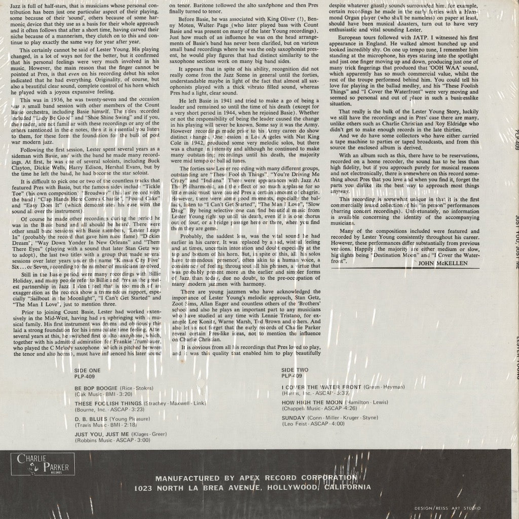 Lester Young / レスター・ヤング / Just You, Just Me (PLP-409)