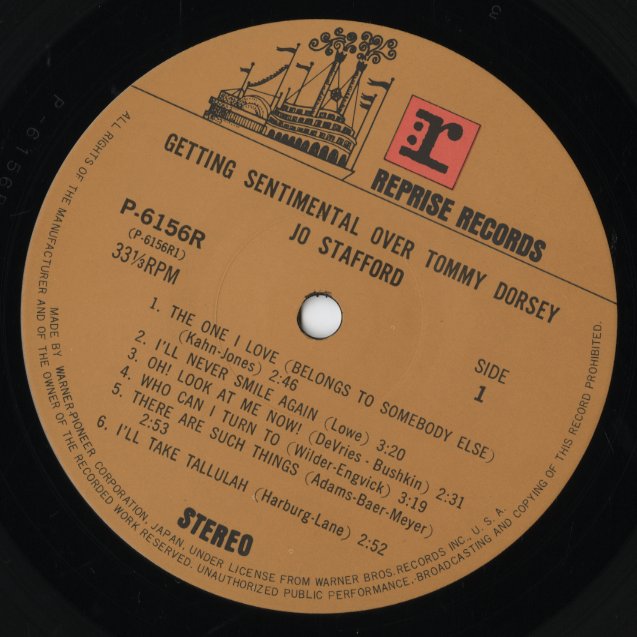 Jo Stafford - Getting Sentimental Over Tommy Dorsey (P-6156R) LP 1975 JPN Warner Pioneer｜中古LP