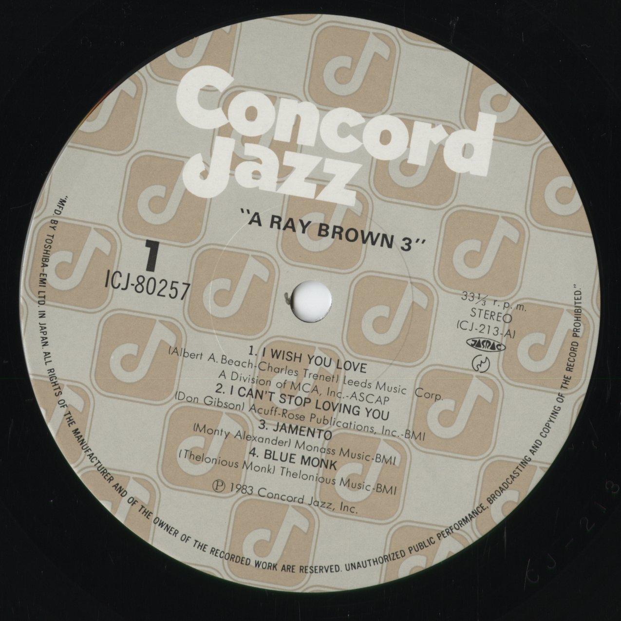 Ray Brown - A Ray Brown 3 (ICJ-80257) 1983 JPN Concord Jazz｜中古LP
