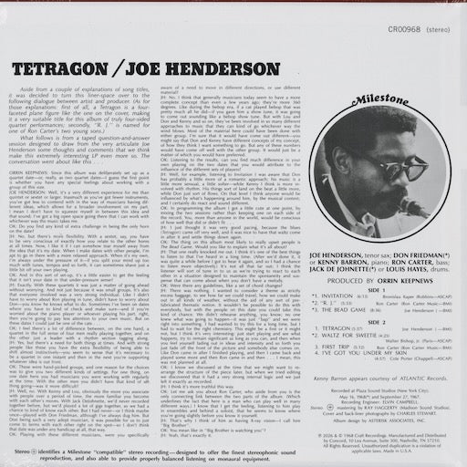 Joe Henderson - Tetragon (CR00968) LP 2026 US Milestone / Jazz Dispensary｜新品LP back　ジョー・ヘンダーソン