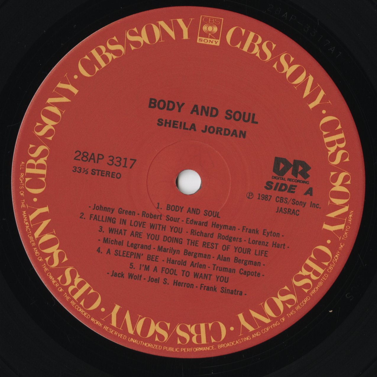 Sheila Jordan – Body and Soul (28AP-3317) LP 1987 JPN CBS Sony｜中古LP