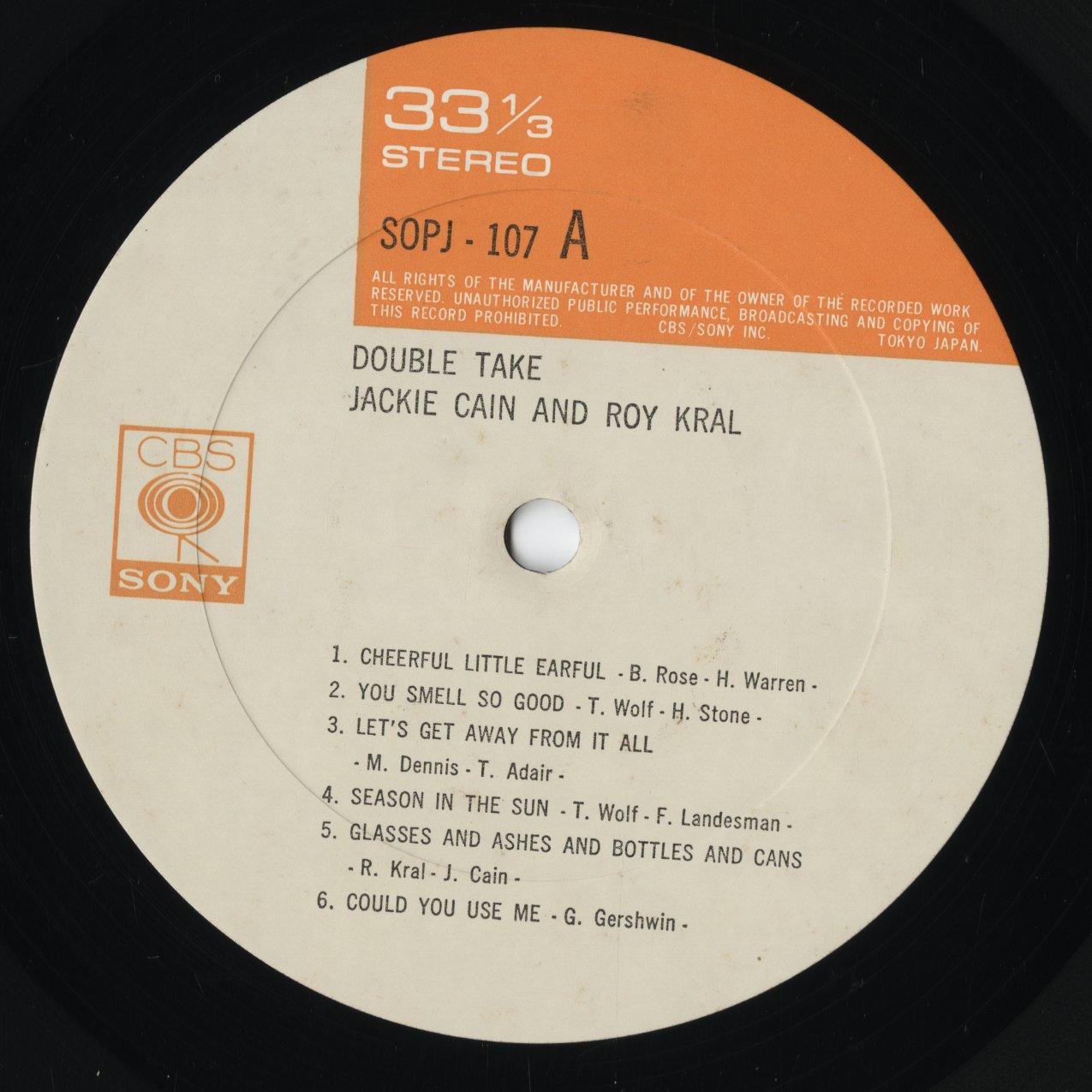 Jackie And Roy - Double Take (SOPJ 107) LP 1974 JPN CBS/Sony｜中古LP