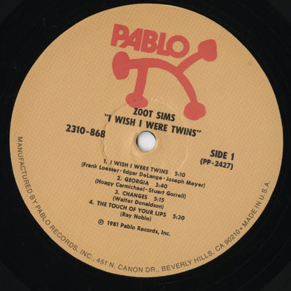 Zoot Sims - I Wish I Were Twins (2310 868) LP 1981 US Pablo Records｜中古LP