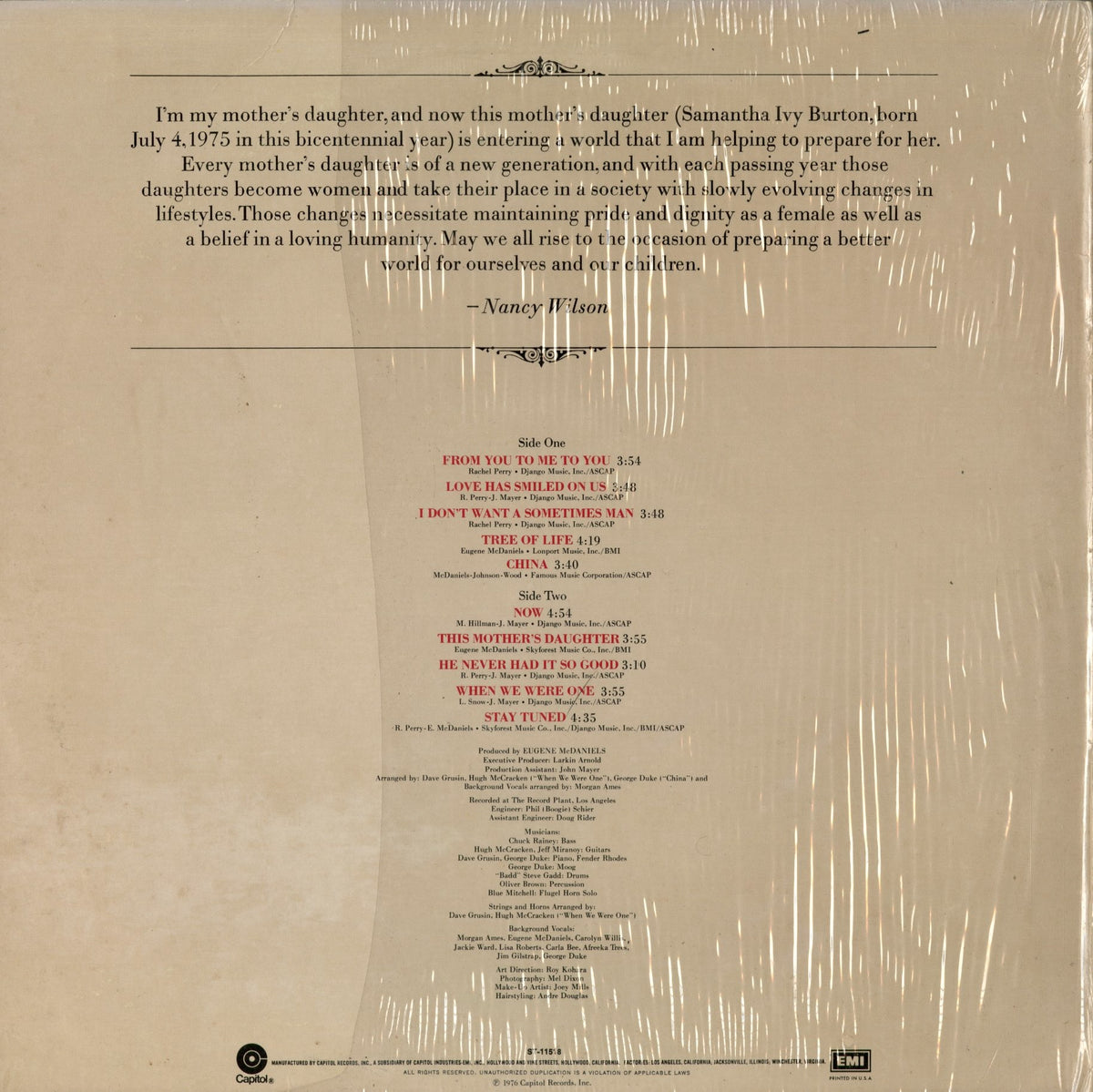 Nancy Wilson – This Mother's Daughter (ST-11518) 1976 US Capitol｜中古LP