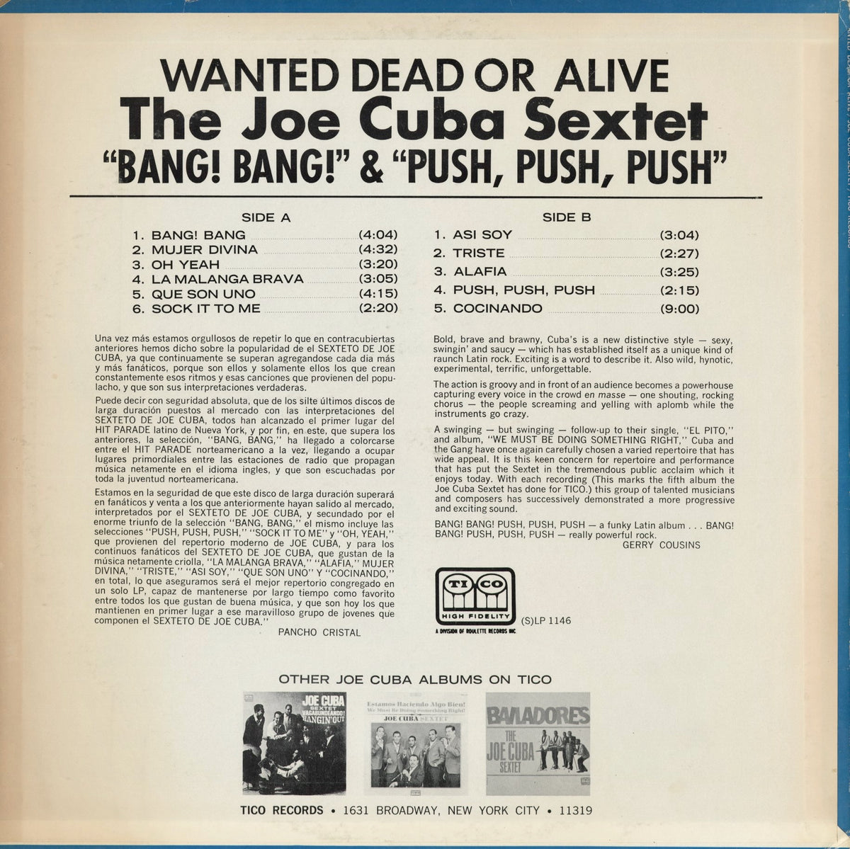 Joe Cuba - Wanted Dead Or Alive (TRLP 1146) 1966 US Tico｜中古LP