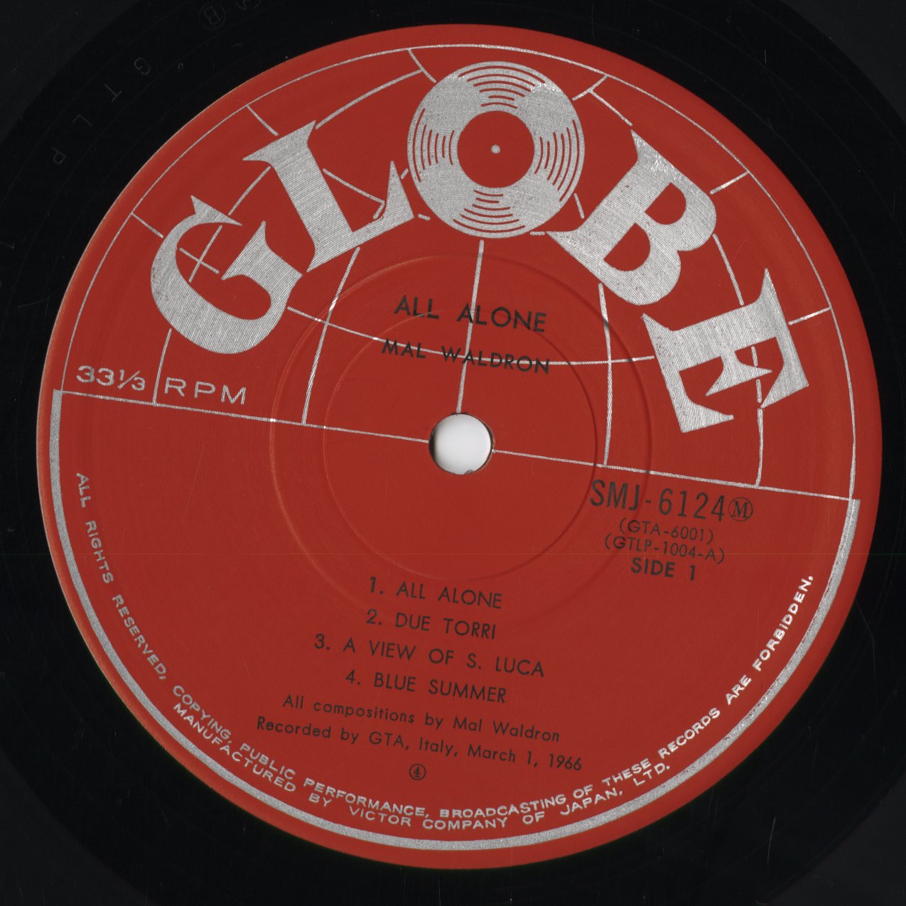 Mal Waldron – All Alone (SMJ-6124(M)) LP 1976 JPN Globe - Victor | 中古LP