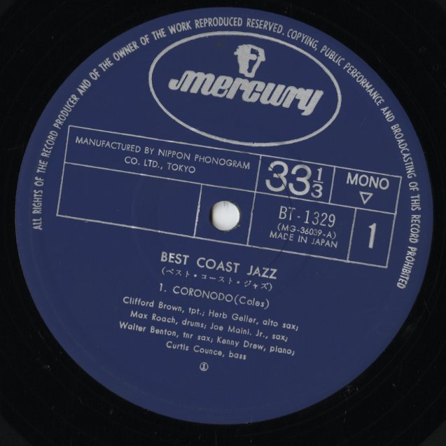 Clifford Brown, Max Roach - Best Coast Jazz (BT-1329M) LP 1974 JPN Mercury｜中古LP
