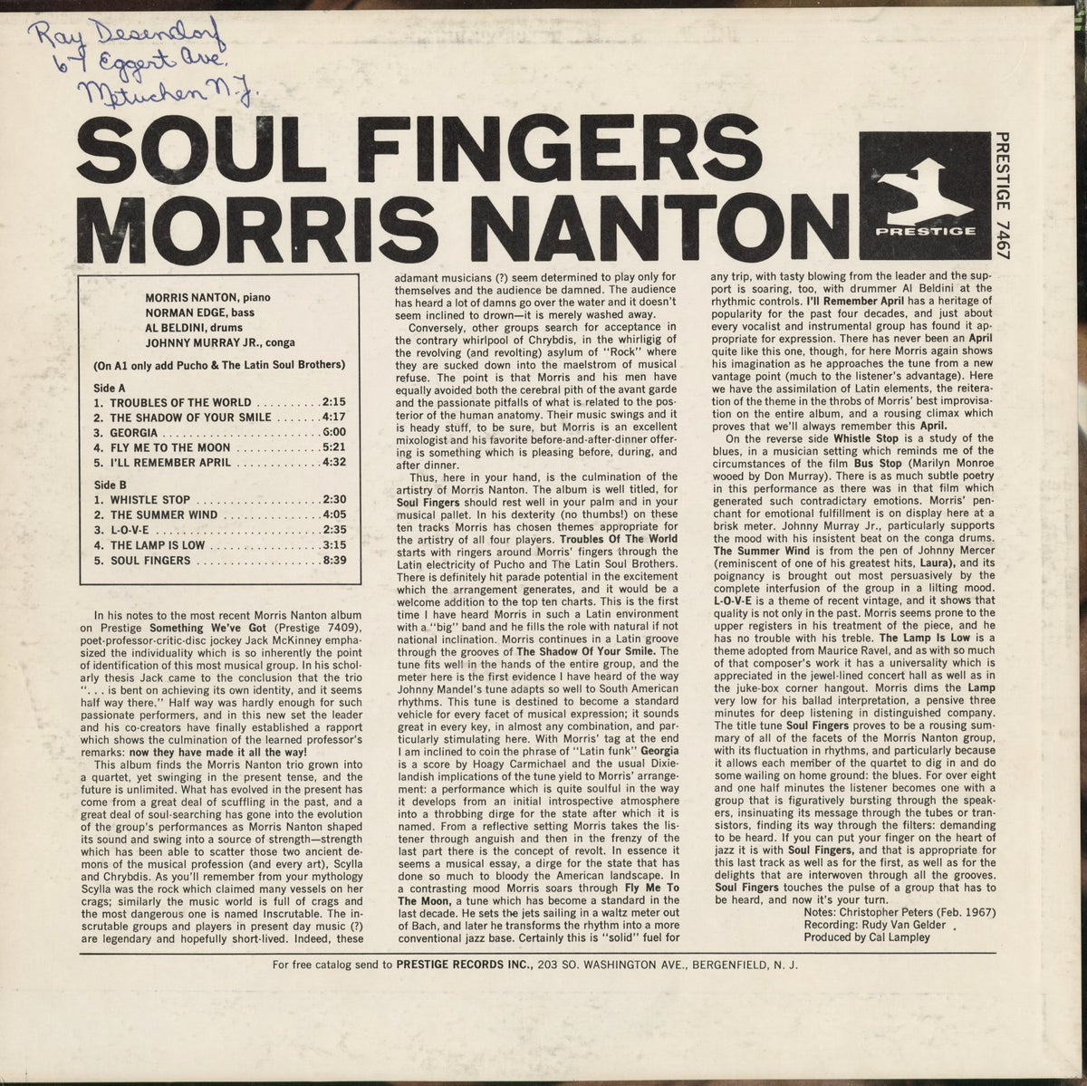 Morris Nanton – Soul Fingers (PRST 7467) 1967 US Prestige｜中古LP