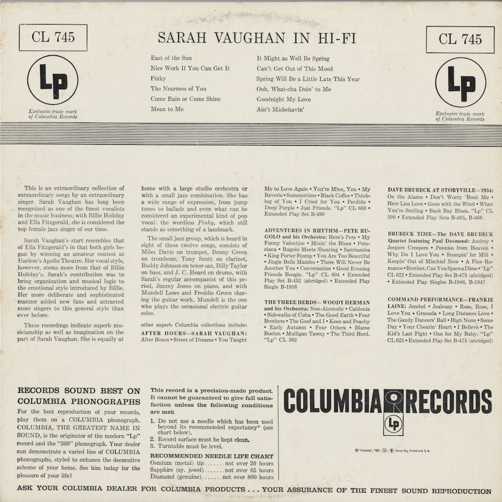 Sarah Vaughan / サラ・ヴォーン / Sarah Vaughan In Hi-Fi (CL745)