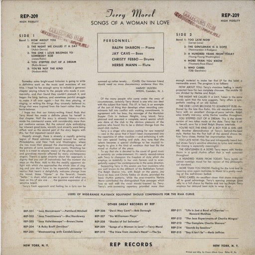 Terry Morel - Songs Of A Woman In Love (REP 209) LP 1958 US REP｜中古LP