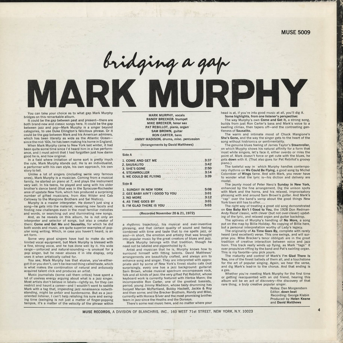 Mark Murphy - Bridging A Gap (MR 5009) 1973 US Muse｜中古LP