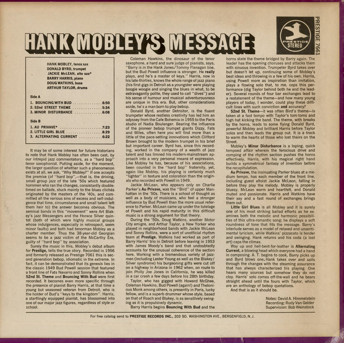 Hank Mobley – Hank Mobley's Message (PRT 7661) 1974 US Prestige | 中古LP