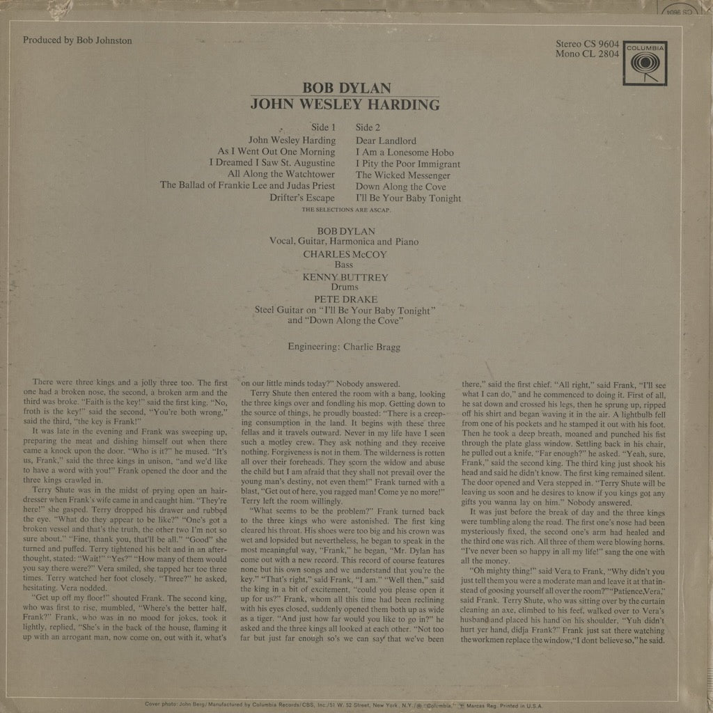 Bob Dylan - John Wesley Harding (CL 2804) LP 1968 US Columbia｜中古LP