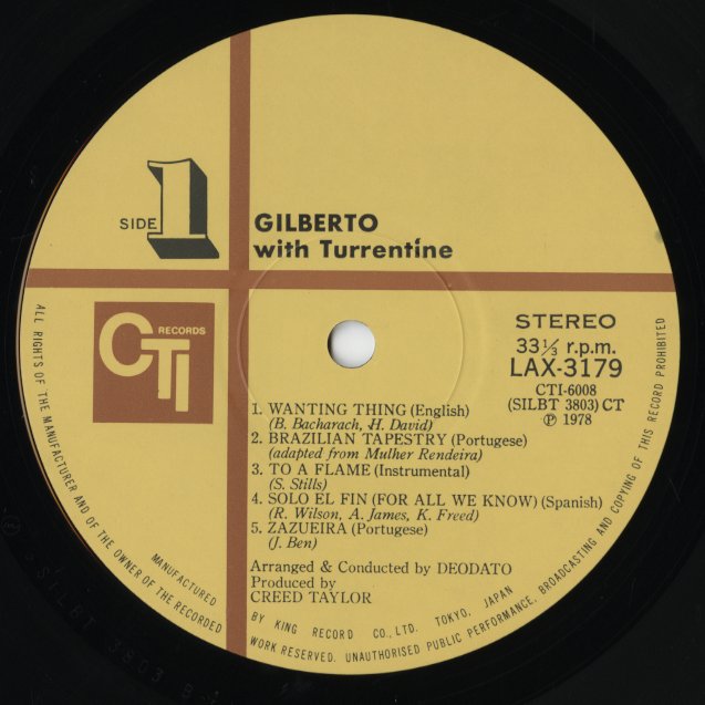 Astrud Gilberto - Gilberto With Turrentine (LAX-3179) 1978 JPN CTI - KING RECORD｜中古LP