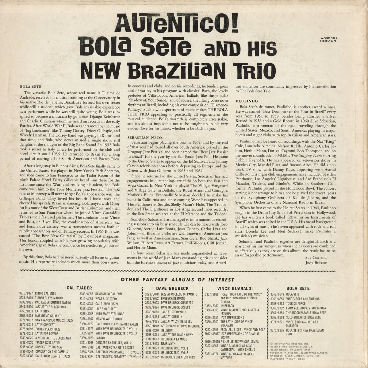 Bola Sete And His New Brazilian Trio – Autentico! (8375) 1966 US Fantasy｜中古LP