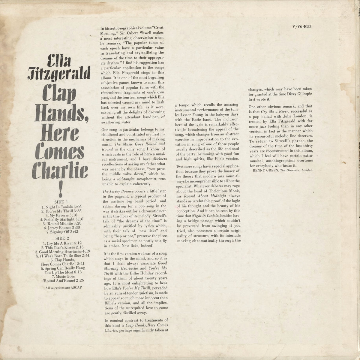 Ella Fitzgerald - Clap Hands Here Comes Charlie! (V6-4053) 1961 US Verve｜中古LP
