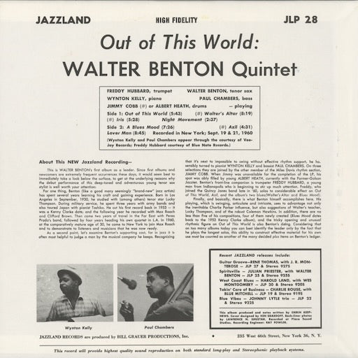 Walter Benton Quintet - Out Of This World (VIJJ-30049) 1993 JPN Jazzland｜中古LP